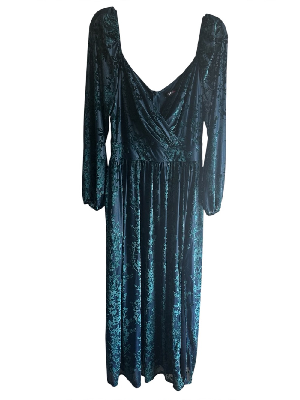 Curve Ins Emerald Green Burnout Velvet Floral Maxi Dress Long Sleeve Plus Size - Picture 2 of 13
